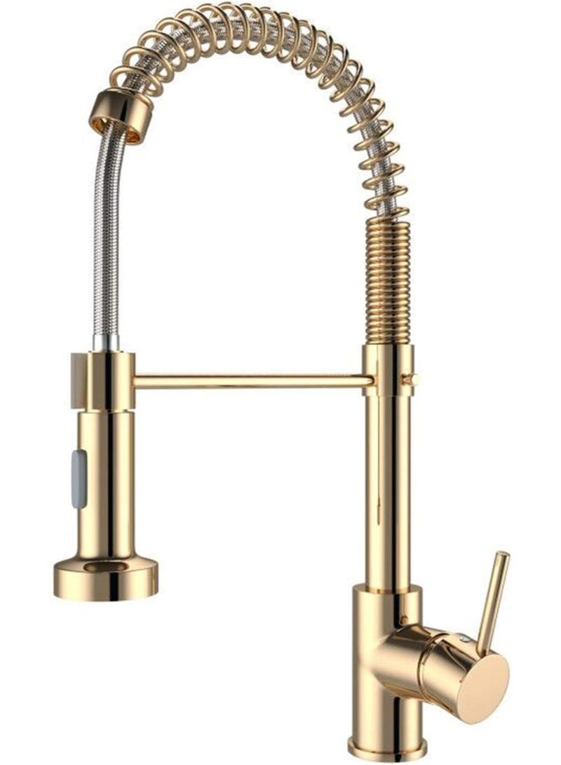 ALMIFTAH Gold Kitchen Sink Mixer Tap | Solid Brass Single Handle Faucet | Commercial Style Single Hole Mixer Tap with Pull Down Sprayer & 360° Swivel Spout - Image 1